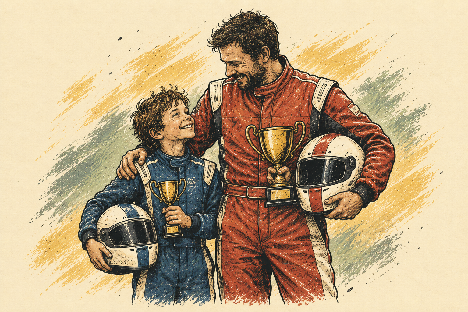 Un parent et son enfant pilotes tiennent leurs trophées.