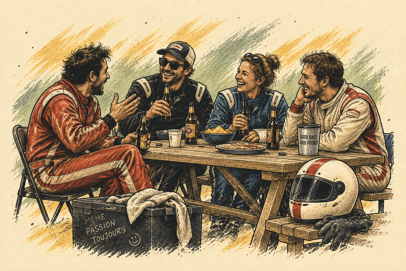 Des pilotes partagent un repas après la course.