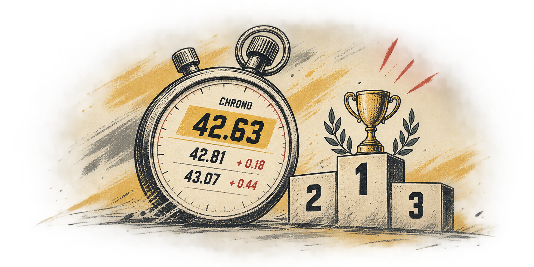 Un chronomètre et un podium de course avec une coupe.