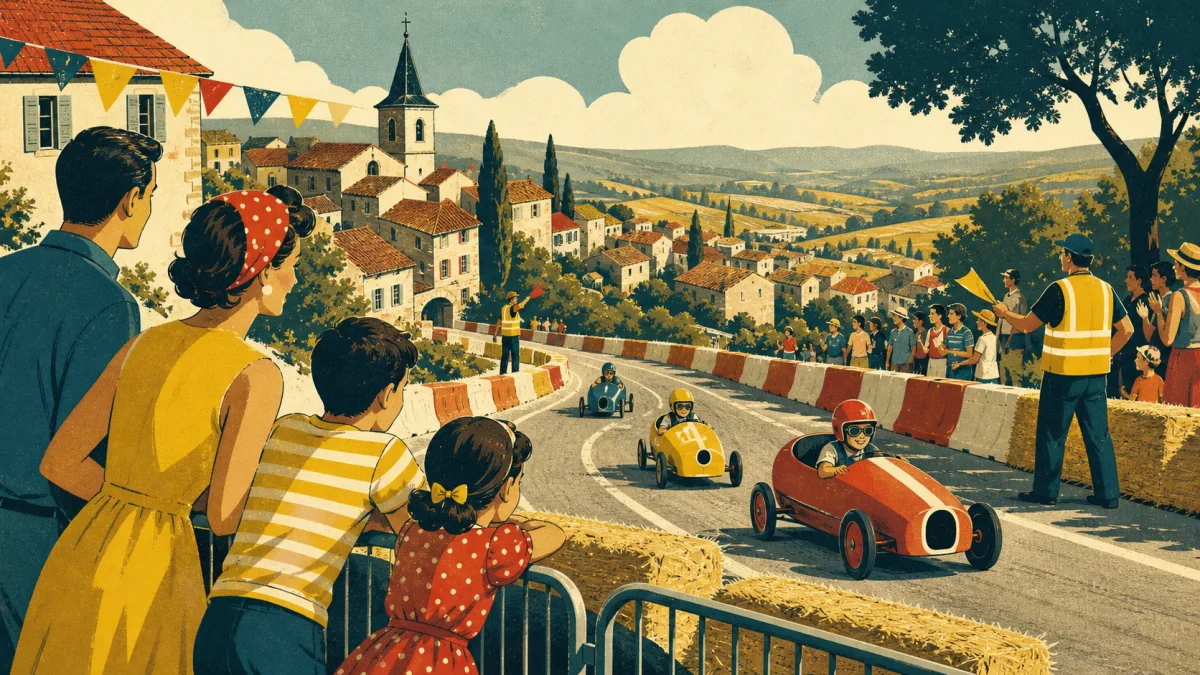 Illustration d’une famille regardant une course derrière les protections du parcours