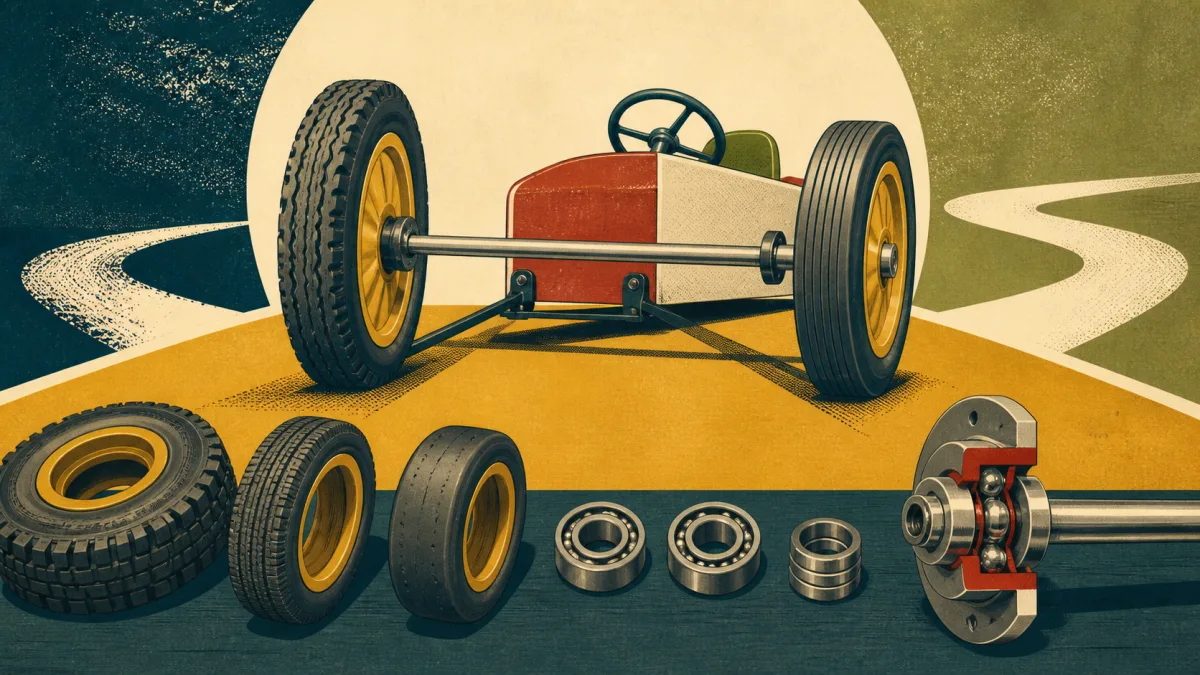 Illustration d’un assortiment de roues, pneus et roulements pour caisse à savon