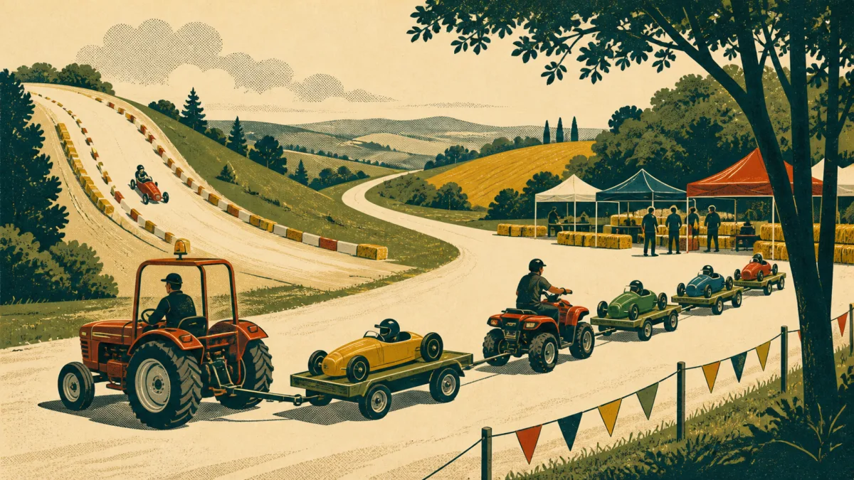 Illustration d’un tracteur et d’un quad remontant des caisses à savon en convoi