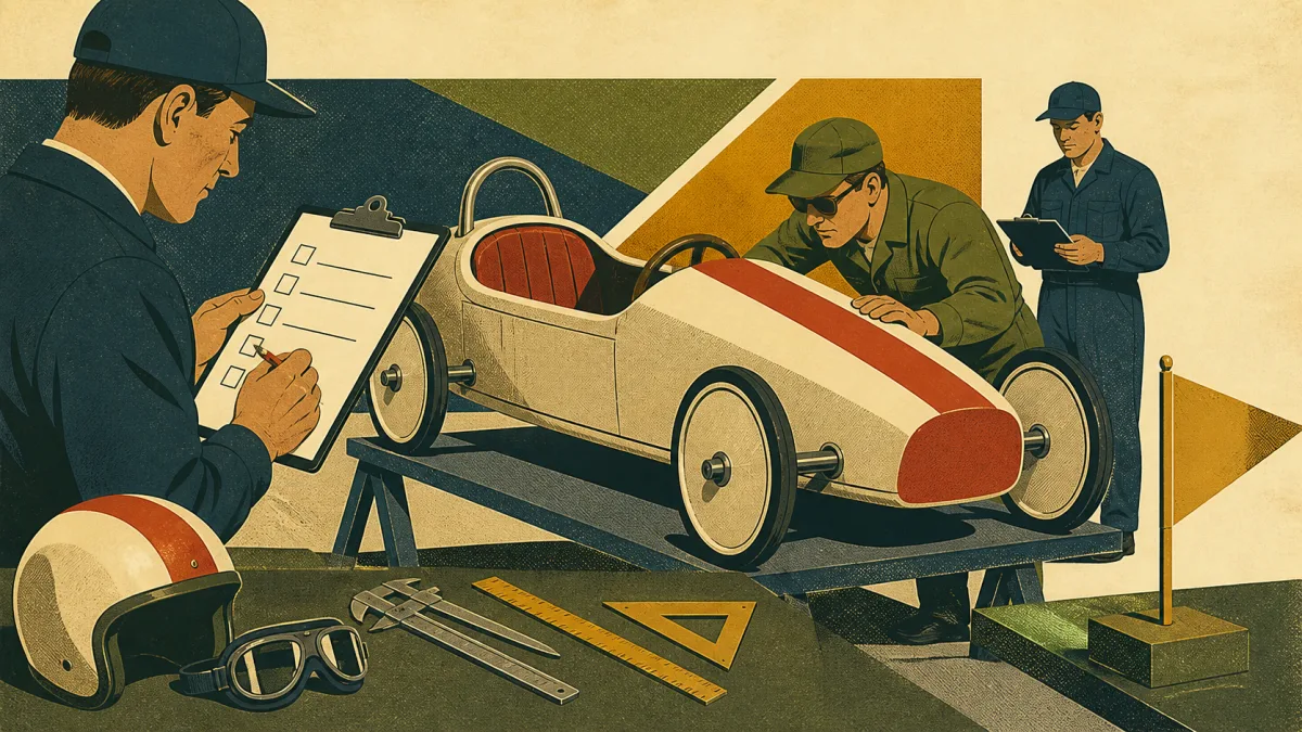 Illustration du contrôle technique d’une caisse à savon avant la course