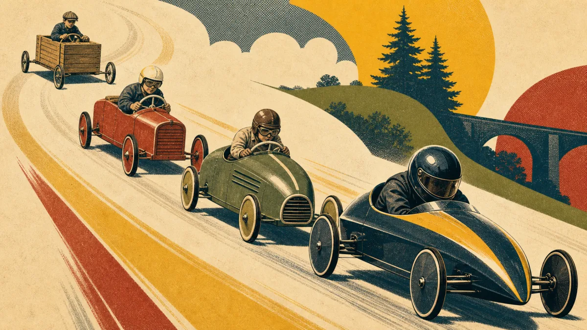 Illustration montrant l’évolution d’une caisse en bois vers un véhicule de speed down