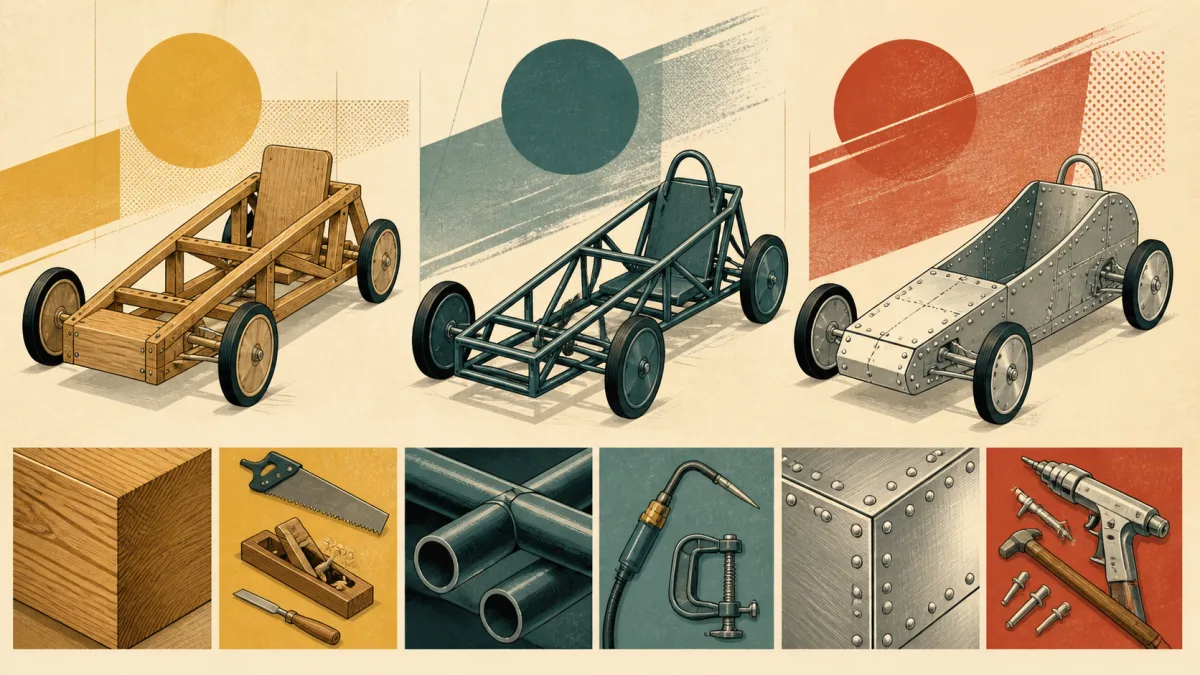 Illustration de trois châssis de caisse à savon en bois, acier et aluminium