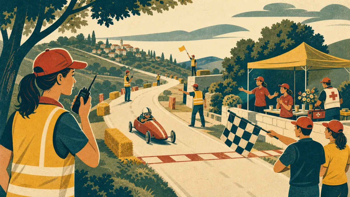 Illustration des équipes bénévoles réparties le long d’un parcours de course