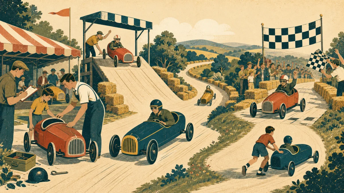 Illustration des différentes étapes d’une journée de course de caisses à savon