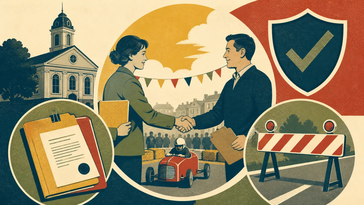 Illustration d’une mairie, d’un dossier administratif et d’un symbole d’assurance