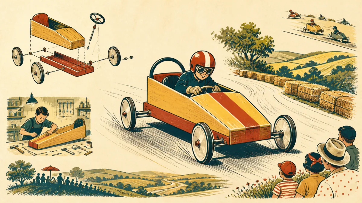 Illustration d’une caisse à savon entourée de scènes de construction et de course