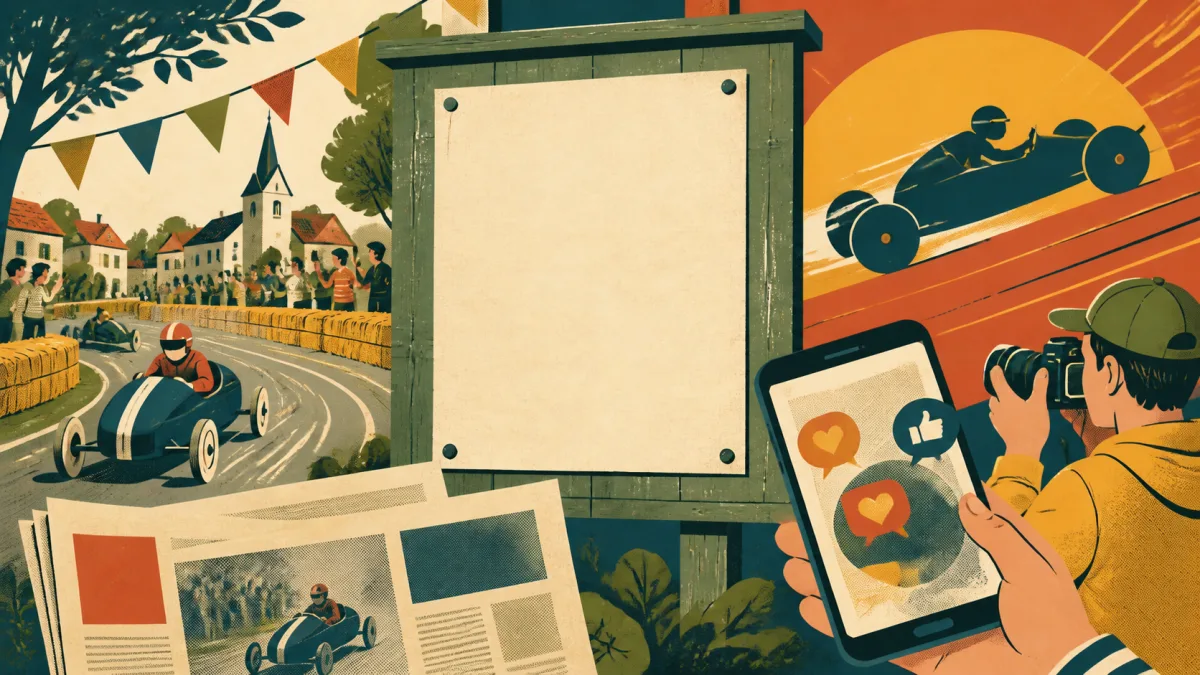 Illustration d’une affiche, d’un journal, d’un téléphone et d’un appareil photo autour d’une course
